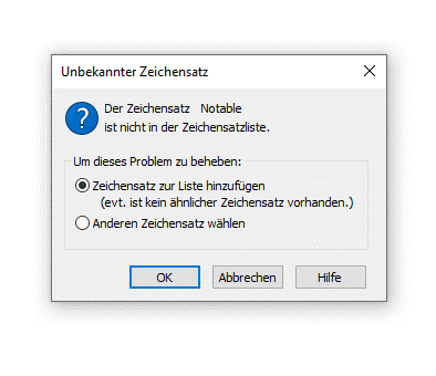 Dialogbox Unbekannter Zeichensatz